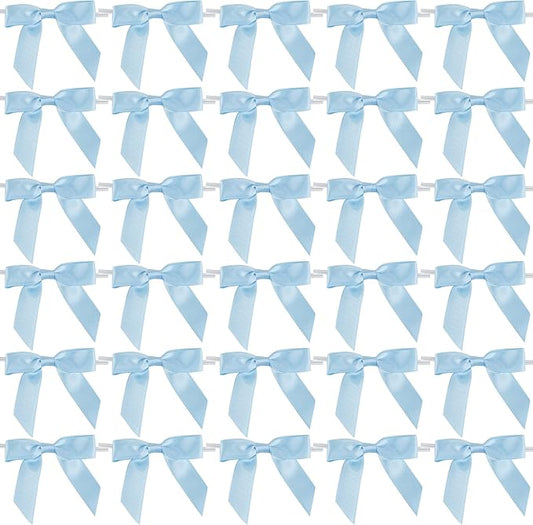 AIMUDI Light Blue Satin Ribbon Twist Tie Bows 2.5" Pretied Blue Bows for Baby Shower Premade Baby Blue Bows for Crafts Treat Bags Cake Pop Gift Wrapping Wedding Party Favors Goodie Bags - 50 Counts