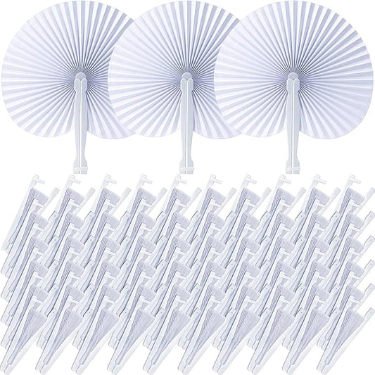Handepo 200 Pieces Wedding Fans Folding Paper Fans Paper Fans Round Shaped Folding Fans Handheld Fan with Plastic Handle for Wedding Celebration Birthday Party Favor (White)