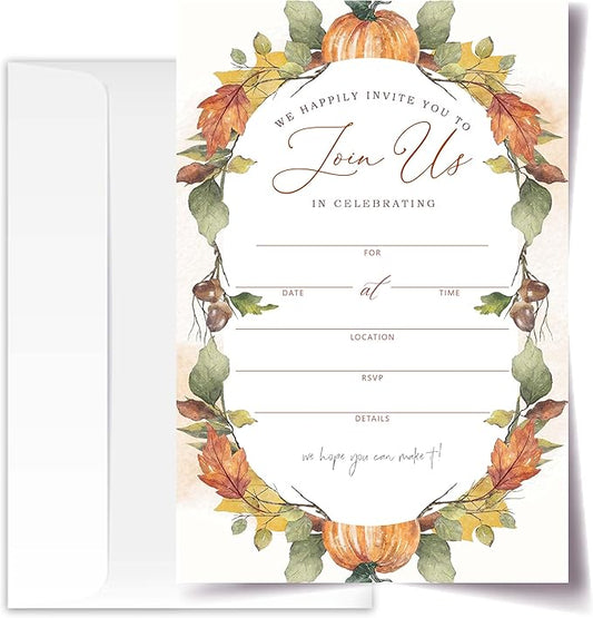 Join Us In Celebrating - Fall Invitation Cards with Envelopes Pack of 20 (4"x6") - Pumpkin Leaf Autumn Themed Invitations for Baby Shower, Wedding, Bridal Shower, Baptism, etc.(152)
