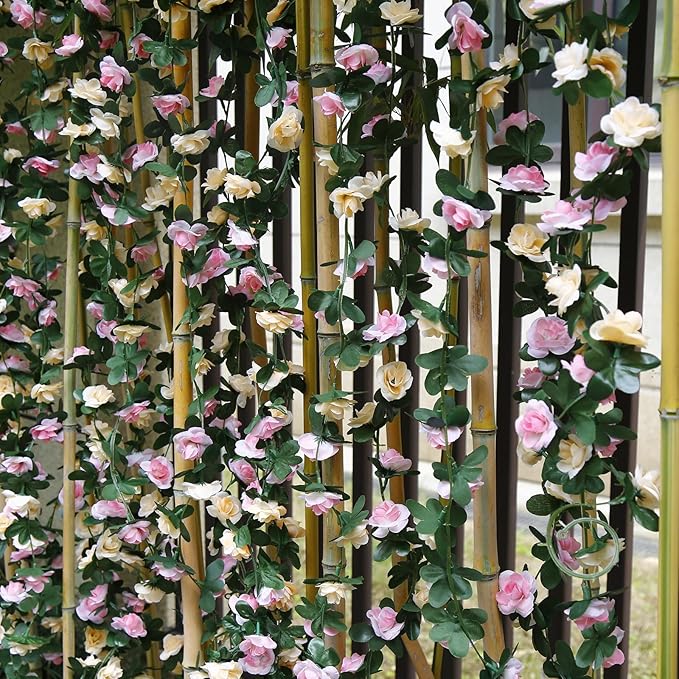 12 PCS 98.4 FT Artificial Flower Garland Rose Garland for Wedding Room Decor（12,Champagne）