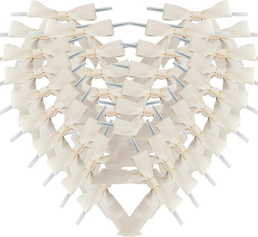 50pcs 2-1/2" Mini Satin Ribbon Bows with Twist Ties for Crafts Gift Wrapping Packing Christmas Decoration (2.5"-Ivory)