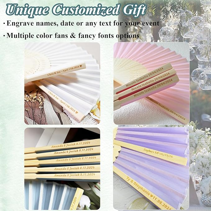 Personalized Engraved 40 Pcs White Silk Fans, Folding Hand Fans, Wedding Party Favors, Bridal Shower Dancing Props, Gifts, Birthday Party Supplies