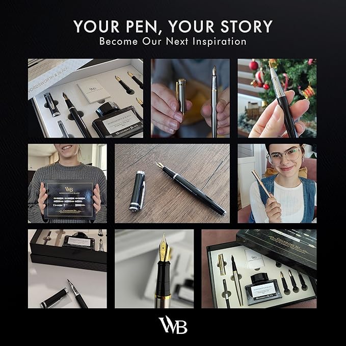Wordsworth & Black Fountain Pen Gift Set, Includes Ink Bottle, 6 Ink Cartridges, Refill Converter, 4 Replacement Nibs, Premium Package, Journaling, Calligraphy, Smooth Writing Pens [Silver Gold]