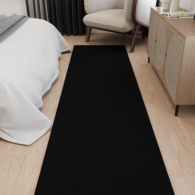 Ottomanson 3x20 Non Slip Extra Long Hallway Runner Rug with Rubber Backing - Solid Modern Kitchen Rug for Bedroom or Living Room, Black, 2'7" x 20'