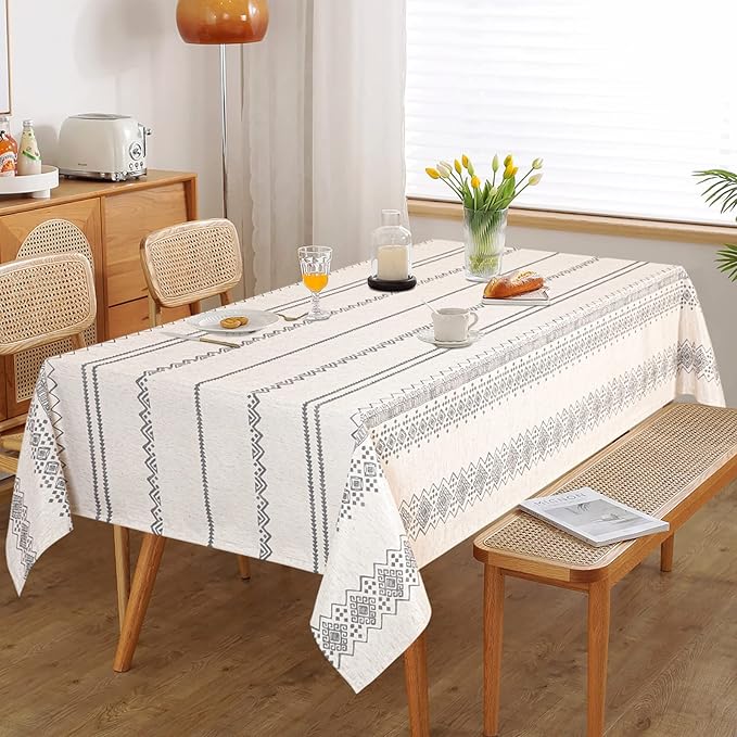 MYSKY HOME Boho Rectangle Tablecloth - Linen Fabric Table Cover - Farmhouse Decoration - 60x102 Inches - Waterproof Classic Bohemian Tablecloth for 6 Feet Table, Indoor and Outdoor Use, Grey
