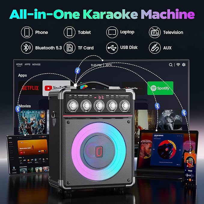 Karaoke Machine with 2 Wireless Mics for Adults Kids | Bluetooth 5.3 Speaker with Bass/Treble/Echo Adjustment | PA System with Disco Lights & Remote Control, Supports TV/TF Card/USB/AUX/Live