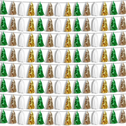 8P Sage-Green Beige-Mint Gold Foil Fringe Metallic Tassel Garland Banner, Tassels Banner Streamers for Parade Floats, Bachelorette, Wedding, Birthday, Christmas, Bridal/Baby Shower Party Decorations