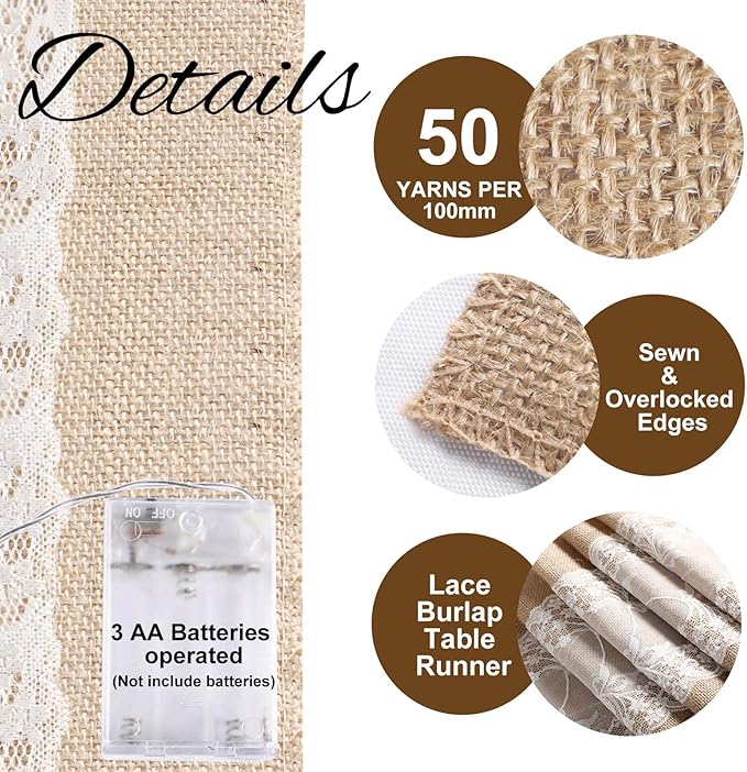 Burlap Table Runner with LED String Lights Rustic 12" x 108" Christmas Tablecloth Lighted Table Runner Farmhouse Decor for Wedding Bridal Shower Xmas Holiday (Pack of 2)