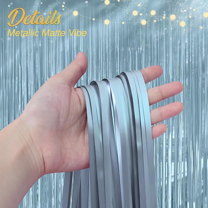2 Pack Metallic Light Blue Fringe Backdrop, 3.2x8.2ft Shining Foil Tinsel Curtains, Birthday Party Decorations Door Streamers for Halloween, Christmas, Wedding, Graduation, Holiday, Theme Events