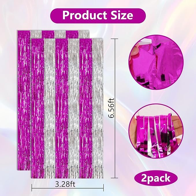 BEISHIDA Hot Pink Silver Door Streamers Backdrop Foil Fringe Tinsel Party Streamers Curtains Photo Backdrop - 2Pcs for Girl Birthday Valentines Graduation Bachelorette Party Decoations