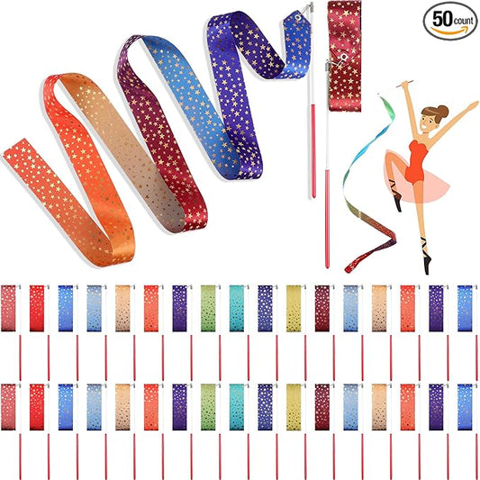 Yilloog 50 Pcs Ribbon Dancing Wands Party Favors, 78.7 Inch Artistic Gymnastics Ribbon Streamers Twirling Wands, Rainbow Birthday Decorations