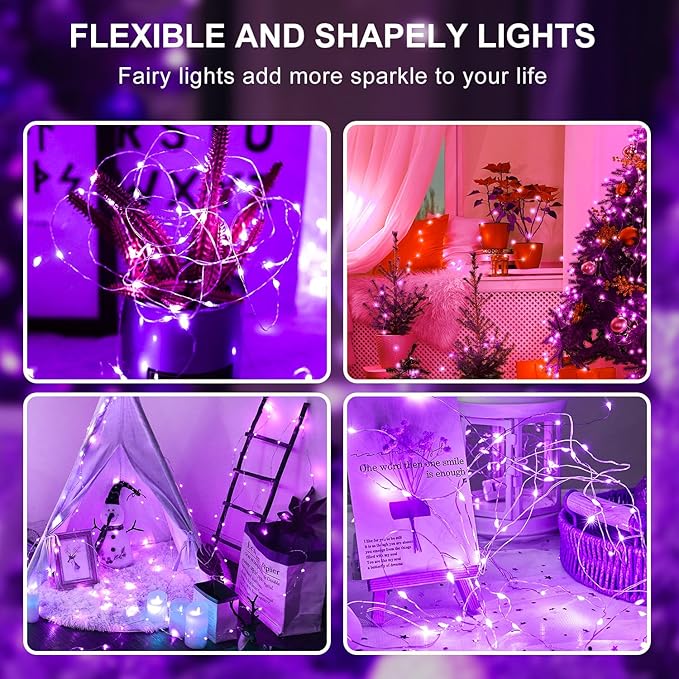 Aogist 24 Pack Fairy Lights 3 Modes 7ft 20 LED Waterproof,Battery Operated Silver Wire Firefly Starry Moon Mini String Lights for Mason Jars Christmas DIY Crafts Wedding Party Bedroom,Purple