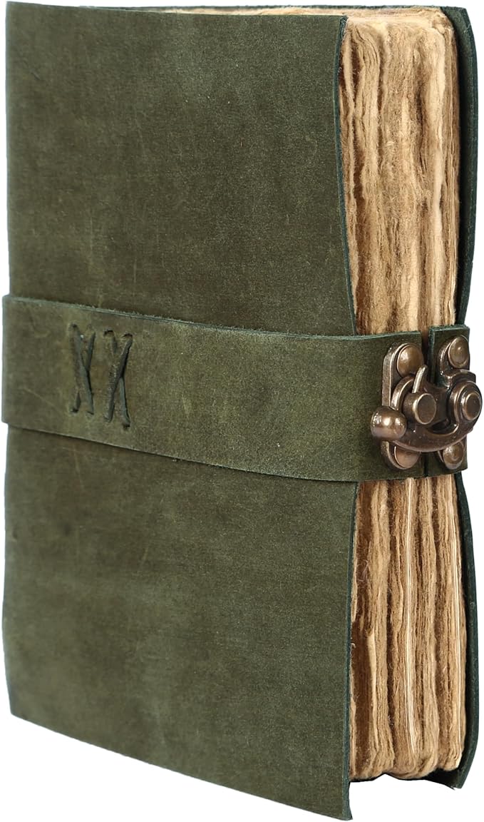 Vintage Leather Journal Handmade Buffalo Non-Refillable Deckle Edge Paper – Leather Bound Journal for Women, Men, C-Lock Closure Ideal for Writing & Travel for Artists (Dark Green)