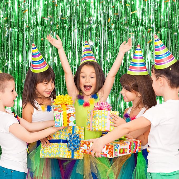 2 Pack Green Metallic Tinsel Foil Fringe Curtains, Door Streamers Photo Booth Backdrop for Birthday Party, Tinsel Curtain Backdrop for Baby Shower Bachelorette Christmas Party Decorations