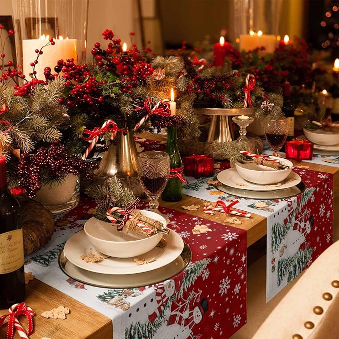 Christmas Snowman Cotton Linen Table Runner for Dining Kitchen, Xmas Tree White Snowflakes Winter Wedding Outdoor Party Tablerunners Decoration, Dresser Scarf Coffee Tablecloth Runners 13x70 Inches