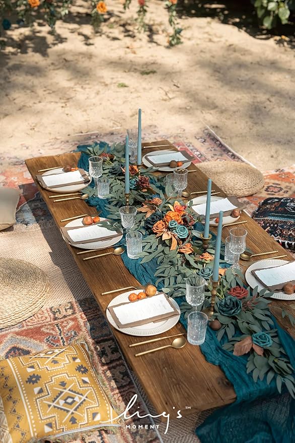Ling's Moment Flower Garland - 6FT Eucalyptus & Rose - Sweetheart Table Decor for Wedding Reception, Artificial Floral Garland for Mantle, Christmas Decoration, Dark Teal & Burnt Orange