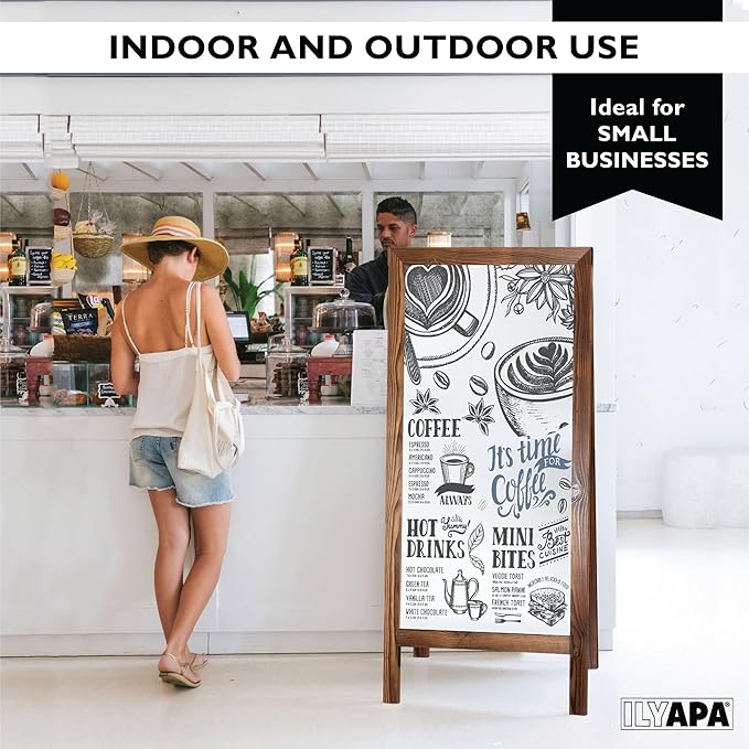 Ilyapa Wooden Dry Erase A Frame Sign - Magnetic Whiteboard Sidewalk Menu Board Outdoor - Menu Display for Restaurant, Food Truck - 58x27 inch - Brown