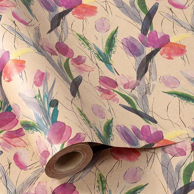RUSPEPA Flower Wrapping Paper Roll, 17 in x 16.4 ft, Mini Roll, Tulips Watercolor Gift Wrap, Floral Kraft Wrapping Paper for Women, Girls, Spring, Summer, Wedding and Mother's Day