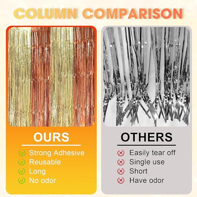 3 Pack 3.3 x 8.2 ft Rose and Champion Foil Fringe Backdrop Curtains, Tinsel Streamers Party Decorations, Fringe Backdrop, Door Shimmer for Anniversary or Birthday Party