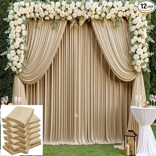 60×14 ft Wrinkle Free Beige Backdrop Curtain for Weddings Parties, 12 Panels 14ft Silky Polyester Wedding Drapes Backdrop Photo Back Drop Cloth for Birthday Baby Shower Photography Backgrounds