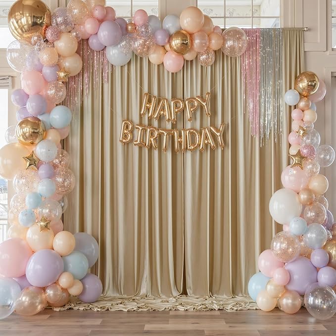 20×12 ft Wrinkle Free Beige Backdrop Curtain for Weddings Parties, 4 Panels 12ft Silky Polyester Wedding Drapes Backdrop Photo Back Drop Cloth for Birthday Baby Shower Photography Backgrounds