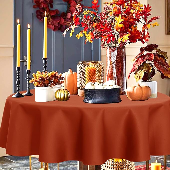 sancua Fall Round Tablecloth - 60 Inch Burnt Orange - Water Resistant Spill Proof Washable Polyester Thanksgiving Table Cloth Decorative Fabric Table Cover for Dining Buffet Parties and Camping, Rust