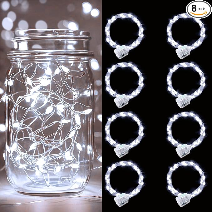pozzolanas 8 Pack White Battery Operated String Lights - 7ft Waterproof Fairy Lights with 20 LEDs for Home, Mason Jar, Party, Wedding, Halloween, Christmas Decorations