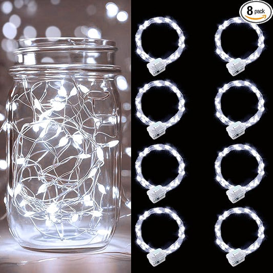 pozzolanas 8 Pack White Battery Operated String Lights - 7ft Waterproof Fairy Lights with 20 LEDs for Home, Mason Jar, Party, Wedding, Halloween, Christmas Decorations