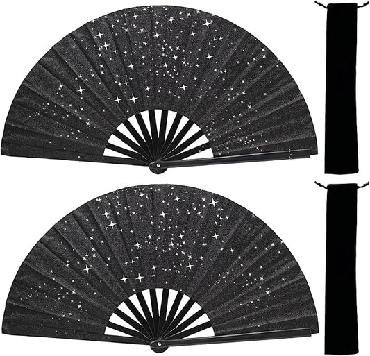 Glitter bling Large Folding Fan-Hand Fan Rave Clack Popping Fan for Line Dancing Clacking Fans for Boots On The Ground Dance, Party for EDM, Music Festival, Hot Flashes, Party, Decoration(2pcs black)