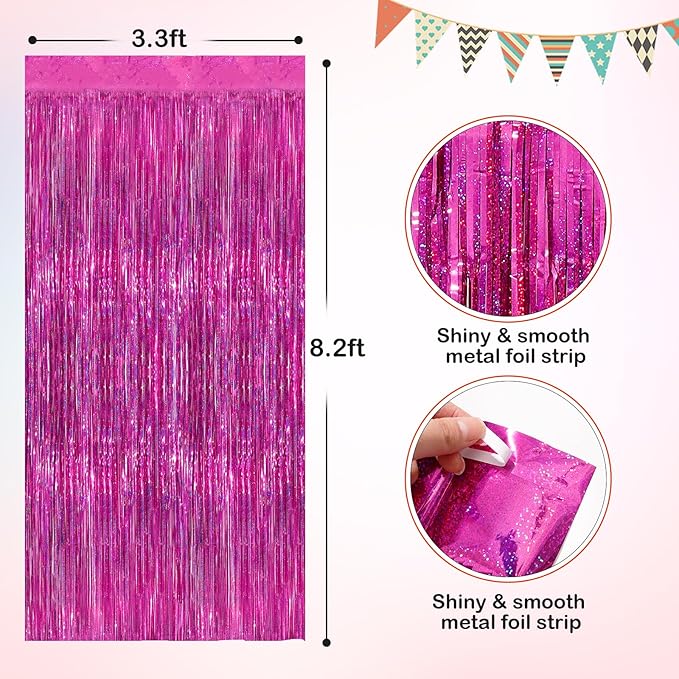 Hot Pink Metallic Tinsel Foil Fringe Curtains, 2 Pack 3.3x8.3 Feet Party Streamer for Birthday Party Decorations, Halloween Decor, Foil Curtain Backdrop for Bachelorette Party