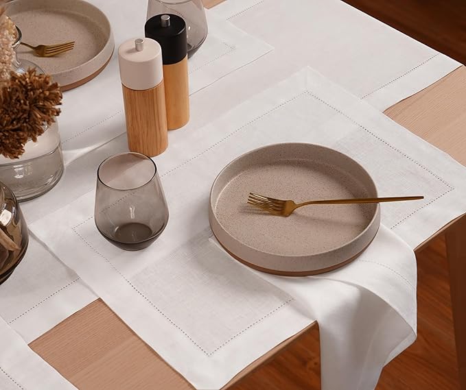100% Pure Linen White Placemats 14 x 19 Inch - Hemstitch Christmas Placemats Set of 4 - Cloth Fabric Placemats for Thanksgiving, Winter, New Year - Elara