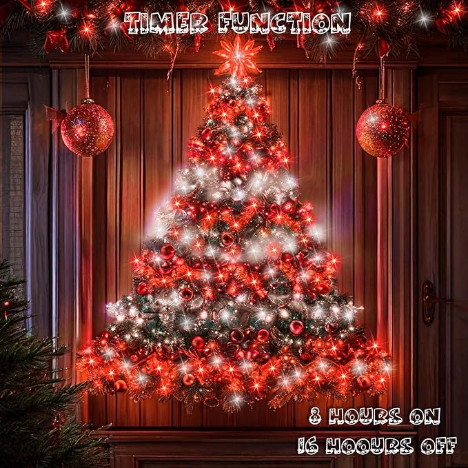 66Ft 200 LED Fairy Lights Plug in, Waterproof String Lights Outdoor & Indoor 8 Modes Christmas Lights Bedroom Decor, Timer Twinkle Lights for Bedroom Party Christmas Decorations (Red and Cool White)
