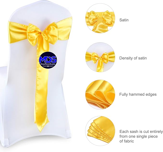 MDS Pack of 50 PCS Satin Chair Sashes Charmeuse Sateen Dining Chair Bows Ribbon Ties Back Sash for Wedding Party Birthday Home Hotel Restaurant Banquet Decoration (7 x 108 Inch, Yellow Gold)