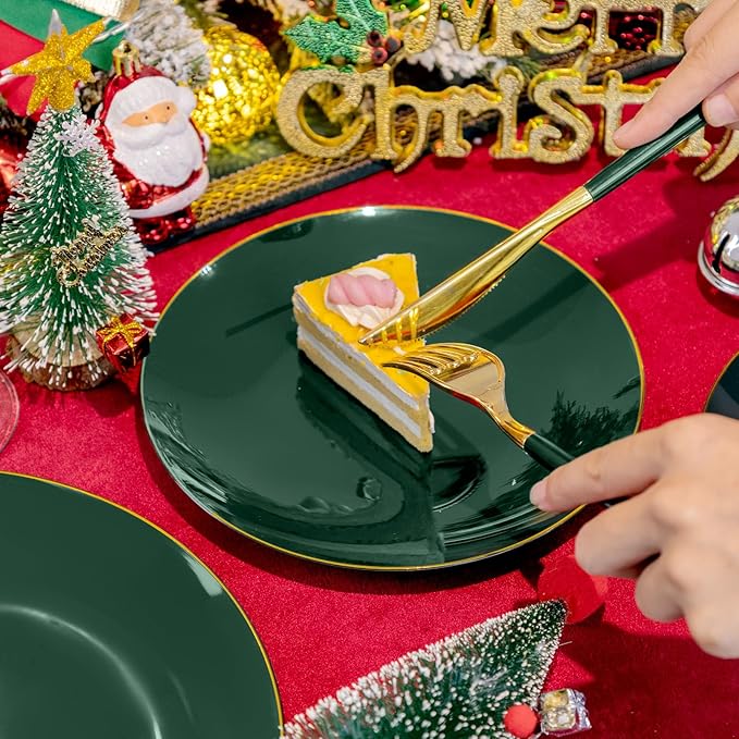 Liacere 150PCS Green Plastic Plates - Gold Plastic Silverware with Green Handle - Heavy Duty Fancy Plastic Plates Disposable Include 30 Guests Plates, Forks, Spoons, Knives for wedding＆Labor Day