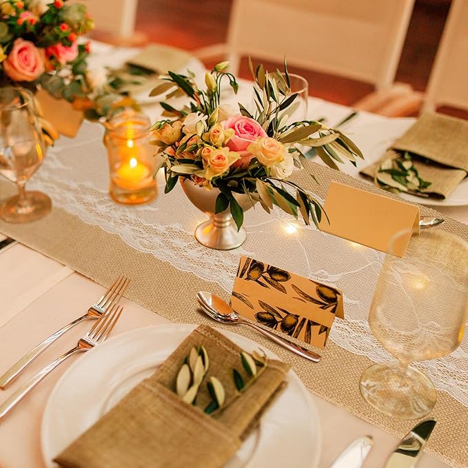Xinnun 6 Pcs Burlap Table Runner with Lights 12 x 108 Inches Burlap Lace Table Runner Rustic Wedding Decorations Home Party (Vine)