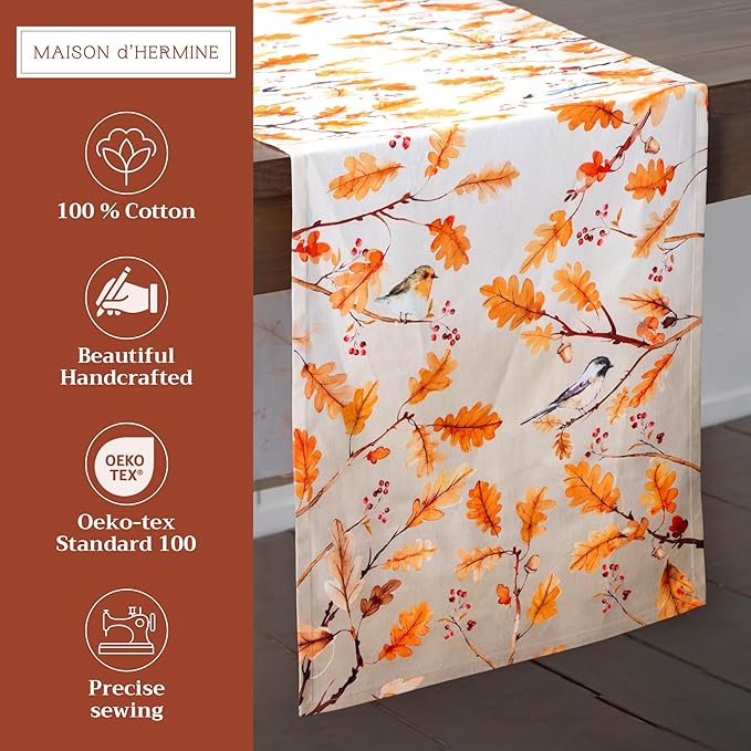 Maison d' Hermine Table Runner 100% Cotton Double Layer Table Runners 108 inches Long for Thanksgiving Christmas Decorations Home Kitchen Dining Party Wedding (Oak Leaves, 14.5" x 108")