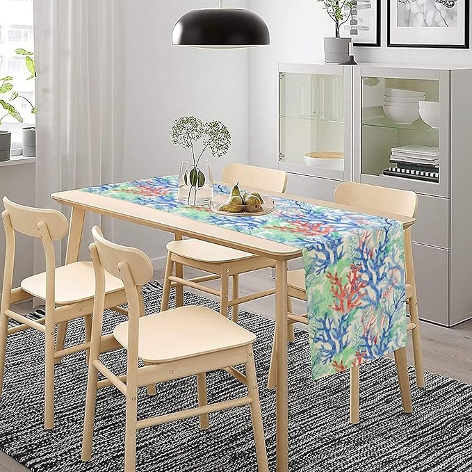 Summer Shell Starfish Table Runner, Seasonal Spring Summer Tropical Ocean Beach Indoor Party Kitchen Outdoor Table Decor 13x90 Inch