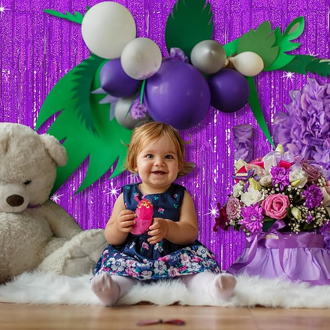 Tinsel Curtain Backdrop Purple Birthday Decorations 5 Packs Glitter Foil Fringe Streamers Photo Booth for Christmas Wedding Halloween Graduation Party Decor