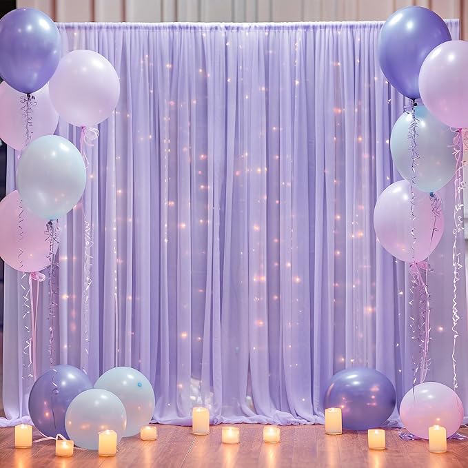 10×10ft Purple Tulle Backdrop Curtain with Lights String for Parties, Sheer Photo Curtain Backdrop Drapes for Wedding Party Photography Backgrounds