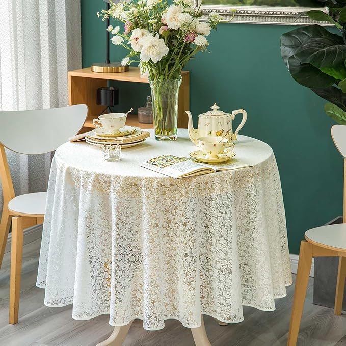 Lace Tablecloth Leaf Pattern Warp Knitting Fabric Solid White Round Table Cover for Kitchen Dining Farmhouse Wedding Party Decor Ivory, 70 Inch