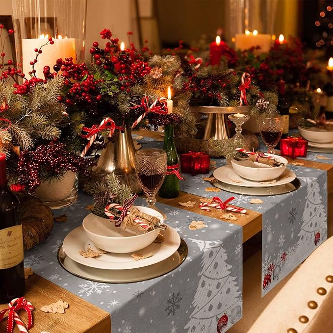 Christmas Snowflakes Cotton Linen Table Runner for Dining Kitchen, Xmas Tree Snow Winter Wedding Outdoor Party Tablerunners Decoration, Grey Balls Dresser Scarf Coffee Tablecloth Runners 13x70 Inches