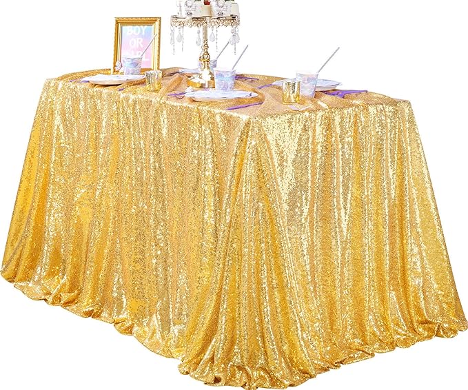 QueenDream Glitter Gold Tablecloth for Parties 90x156 Inch Sequin Fabric Rectangle Table Cloth for Wedding Birthday Banquet