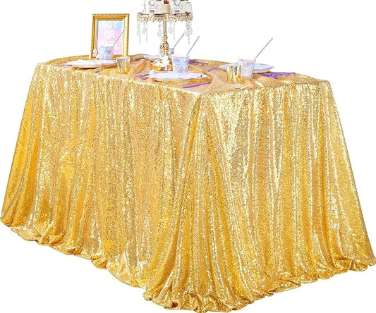 QueenDream Glitter Gold Tablecloth for Parties 90x156 Inch Sequin Fabric Rectangle Table Cloth for Wedding Birthday Banquet