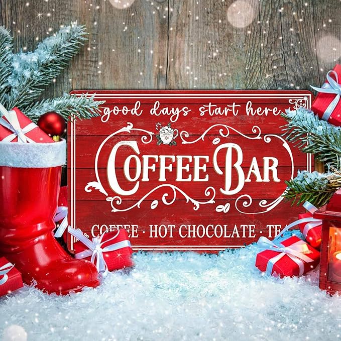 Vintage Christmas Coffee Bar Tin Sign - Kitchen Decor - Tea Bar Accessories - Hot Chocolate - Retro Tin Sign - Home Coffee Corner Decor - 12x16Inch