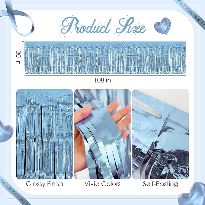 4 Pack Light Blue Table Skirts, 29x108" Metallic Foil Tinsel Fringe Table Skirts for Rectangle Tables Streamer Curtains Backdrop, Party Decorations for Birthdays Weddings Holidays