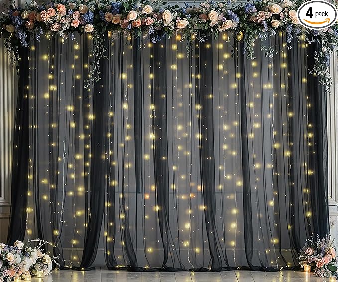 Black Tulle Backdrop Curtain with Lights String for Parites 20ft×10ft Black Sheer Backdrop Curtains for Baby Shower Wedding Bridal Shower Birthday Party Photo Shoot Decorations(4 Panels 5×10ft)