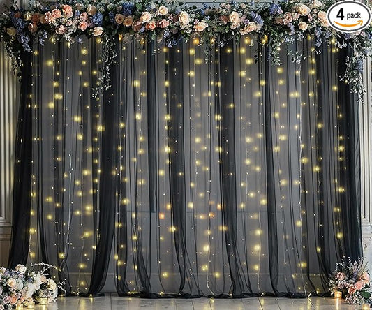Black Tulle Backdrop Curtain with Lights String for Parites 20ft×10ft Black Sheer Backdrop Curtains for Baby Shower Wedding Bridal Shower Birthday Party Photo Shoot Decorations(4 Panels 5×10ft)