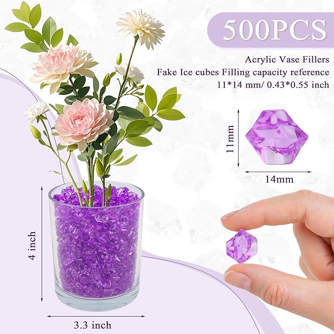 YATOJUZI 500pcs Fake Ice Cubes Purple Acrylic Crushed Rocks Vase Fillers Plastic Diamonds Gems for DIY Party Wedding Centerpiece Table Scatter Prop Display 0.5" (Only Purple)