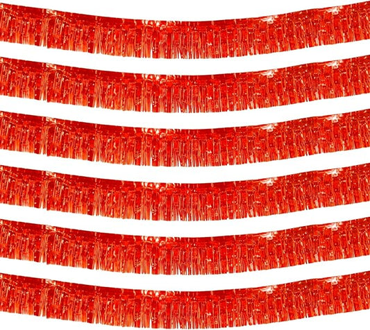 6 Pack 10 Feet Red Foil Fringe Garland Metallic Tinsel Streamers Banner Wall Hanging Curtain Backdrop Banner for Parade Floats, Thanksgiving, Christmas, Birthday, Halloween Party Decorations