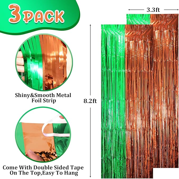 3 Pack 3.3 x 8.2 ft Green and Brown Foil Fringe Backdrop Curtains, Tinsel Streamers Party Decorations, Fringe Backdrop, Door Shimmer for Super Bowl or Birthday Party